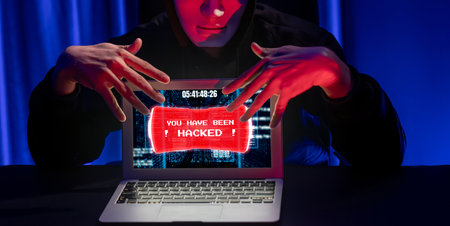 Criminal anonymous mask successful making password encryption by programming hack on laptop of insecure thorough privacy taking massive database of charge service unlock or cheat condition.の写真素材