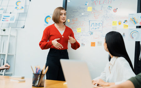 Professional attractive female leader presents creative marketing plan by using brainstorming mind...