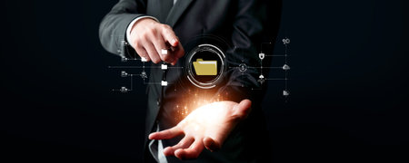 Business person managing online documents folders for efficient work processes. Ensure secure and...