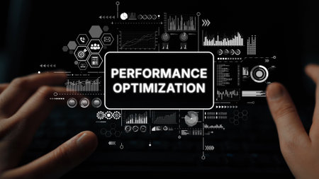 Hands Typing on Keyboard with Performance Optimization Graphics Displayed in Background for Digital Analytics and Data Analysis. Asymptotic smart data analytic.の写真素材
