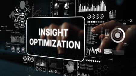 Hands Typing on Keyboard with Data Visualization Elements for Insight Optimization Strategies in...