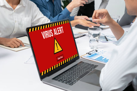 Virus warning alert on computer screen detected brisk cyber threat , hacker, computer virus and malwareの写真素材