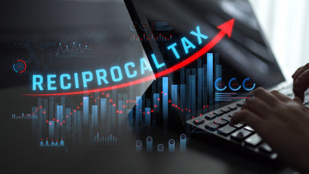 Visual Representation of Reciprocal Tax Concepts with Data Graphs and Financial Growth Indicators Emerging from Laptop Screen. Consignment.の写真素材