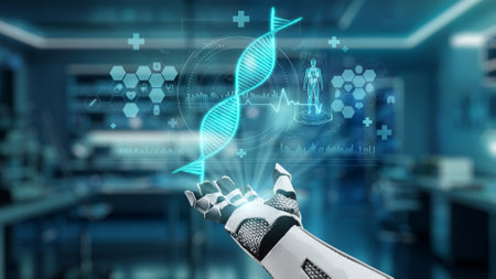 Close up of robotic hand open palm of hand with DNA hologram floating. Hand showing DNA holographic...