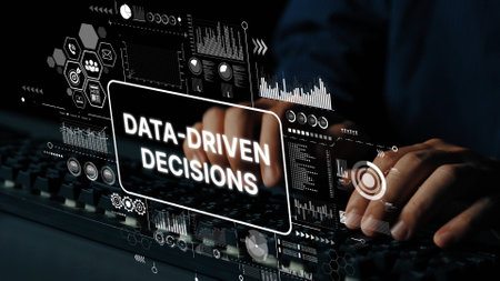Hands on Keyboard with Digital Interface Displaying Data-Driven Decisions Concept for Business Analysis and Technology Innovation. Asymptotic smart data analytic.の写真素材
