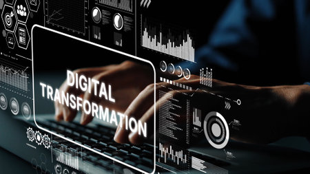 Hands Typing on Keyboard Surrounded by Digital Graphics and Data Visualizations Representing Digital Transformation Concepts. Asymptotic smart data analytic.の写真素材