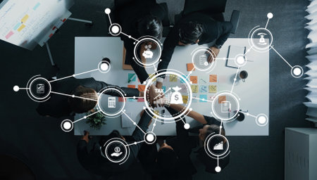 A team of professionals discusses tax strategies in a modern office, surrounded by digital icons representing various financial concepts and data analysis techniques.の写真素材
