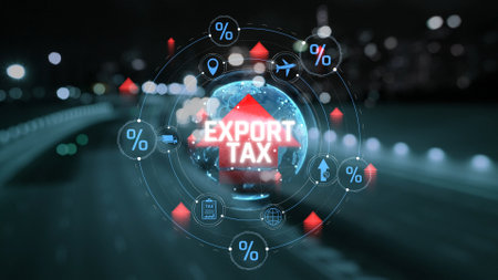 Global Export Tax Concept with Arrows and Percentage Symbols Representing Tariffs in a Modern City Background. Consignment.の写真素材