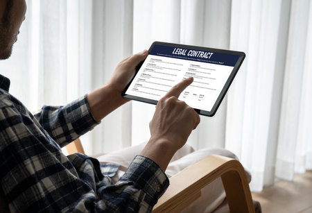 Digital legal contract provide terms and conditions document on computer screen ready for online digital signature for deal agreement of future business snuglyの写真素材