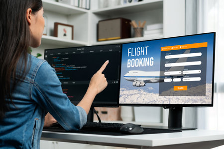 Online flight booking website provide brisk reservation system . Travel technology concept .の写真素材