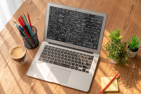 Mathematic equations and modish formula on computer screen showing concept of science and education