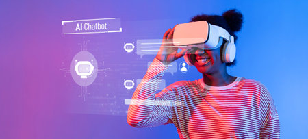 A young woman immersed in a virtual reality experience engages with an AI chatbot that highlights advancements in machine learning and natural language processing.の写真素材