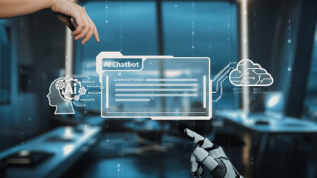 Explore the innovative blend of human and AI interaction featuring a chatbot interface and cloud computing elements within a contemporary office environment.の写真素材