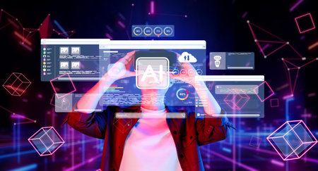A person engages with advanced AI concepts in a vibrant virtual setting, surrounded by dynamic screens and abstract geometric shapes, showcasing the future of technology.の写真素材