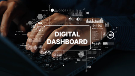 Hands on Keyboard with Digital Dashboard Visualizations and Graphs Representing Data Analysis and Business Insights for Professionals. Asymptotic smart data analytic.の写真素材