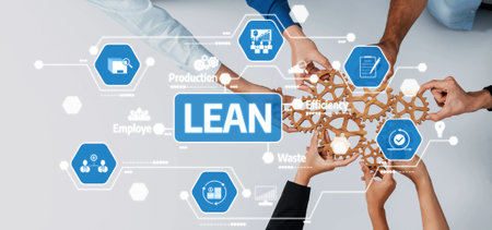This image depicts hands working together to implement Lean principles aimed at enhancing efficiency and reducing waste in production processes and teamwork environments. Amityの写真素材