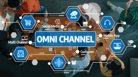 This image showcases a dynamic team engaged in a strategic discussion on omni channel marketing, highlighting key elements, tools, and the importance of customer engagement. Amityの写真素材