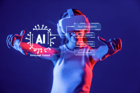 A person immersed in a virtual reality experience, showcasing the revolutionary capabilities of AI in content generation, highlighting the fusion of technology and creativity.の写真素材