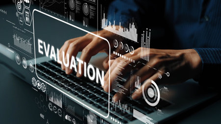 Hands Typing on Keyboard with Digital Evaluation Graphics and Data Analysis Background in Modern Working Environment. Asymptotic smart data analytic.の写真素材