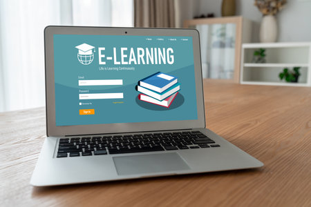 E-learning website with modish sofware for student to study online on the internet networkの写真素材