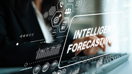 Business Professional Engaging with Digital Intelligent Forecasting Technology in Modern Office...