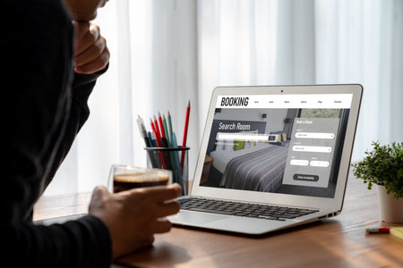 Online hotel accommodation booking website provide modish reservation system . Travel technology concept .の写真素材