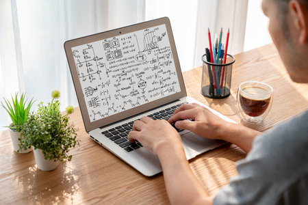 Mathematic equations and modish formula on computer screen showing concept of science and education