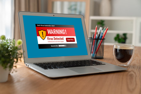 Virus warning alert on computer screen detected modish cyber threat , hacker, computer virus and malwareの写真素材