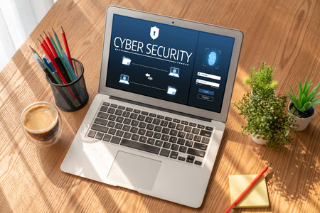 Cyber security system on computer screen protect private information snugly from hacker and cyber...