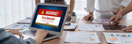 Virus warning alert on computer screen detected brisk cyber threat , hacker, computer virus and malwareの写真素材