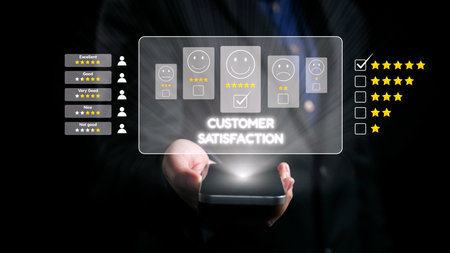 A professional hand presents a smartphone glowing with customer satisfaction ratings and feedback icons, illustrating service quality and enhancing user engagement.の写真素材
