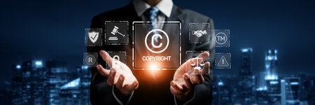 This image illustrates the importance of copyright law and regulation in the digital landscape, highlighting key concepts for online content creators and users. XDMCPの写真素材