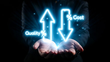 A pair of hands holds illuminated arrows showcasing quality increase and cost reduction, representing vital factors for business success and effective financial strategies. Qubitの写真素材