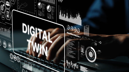 Innovative Digital Twin Technology Concept with Hands on Keyboard and Data Visualization Graphics in Background. Asymptotic smart data analytic.の写真素材