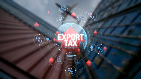 Visual Representation of Export Tax Impact on Global Trade with Various Iconography and Percentage Symbols. Consignment.の写真素材