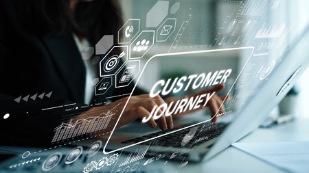Business Professional Engaged in Customer Journey with Digital Interface on Laptop in Modern Office Setting. Asymptotic smart data analytic.の写真素材