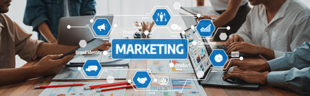 Panorama shot analyst team utilizing BI Fintech to analyze financial report with laptop. Businesspeople analyzing BI power dashboard displayed on laptop screen for business insight. Scrutinize Amityの写真素材