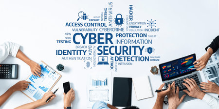 A dynamic workplace scene showcases professionals engaged in cyber security discussions, emphasizing collaboration for effective protection against digital threats and vulnerabilities. Amityの写真素材