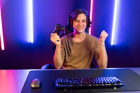 Enjoy gaming streamer with control joystick, playing game online of live streaming social media...