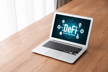 Decentralized finance or DeFi concept on modish computer screen . The defi system give new choice of investment and money saving .の写真素材