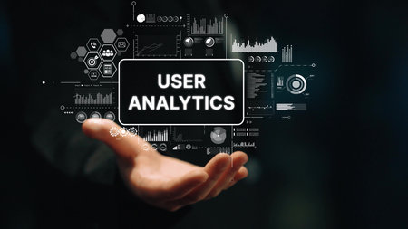 User Analytics Concept with Hands and Data Visualization Illustrating Digital Insights and Metrics for Performance Improvement. Asymptotic smart data analytic.の写真素材