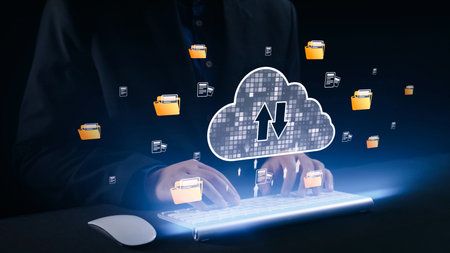 A modern representation of cloud computing with digital folders illustrating data upload and download processes, enhancing understanding of technology trends. Qubitの写真素材