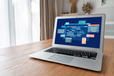 Software development or programming work with coding screen of various programming languages like HTML, and C brisk for new application developmentの写真素材