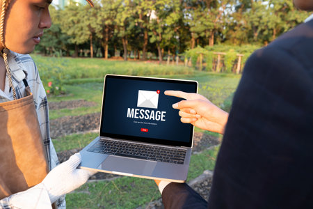 Email notification message showing on computer screen brisk. Digital marketing message information text from business to customer clientの写真素材