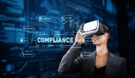 Explore the integration of virtual reality technology in understanding compliance, rules, and regulations in a corporate environment for enhanced learning and engagement.の写真素材
