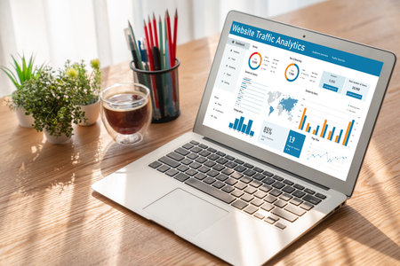 Computer software for website traffic analytics data on computer screen. Concept of SEO search engine optimization and customer targeting for online business snuglyの写真素材