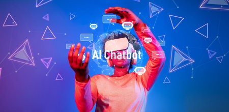 A captivating scene showcasing a user immersed in virtual reality, interacting with an AI chatbot, highlighting the fusion of technology, communication, and innovation.の写真素材