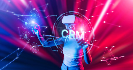 A modern user interacts with a virtual reality setup focused on customer relationship management,...