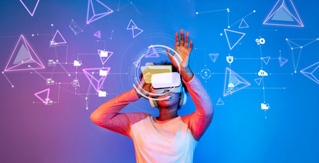 This image depicts a user engaging with virtual reality technology, visualizing data in a vibrant...