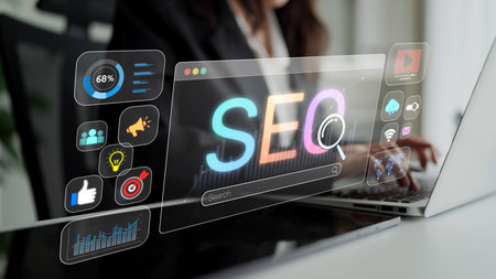 SEO concept for improving SEO visibility, with SEO related digital tools and SEO performance icons...